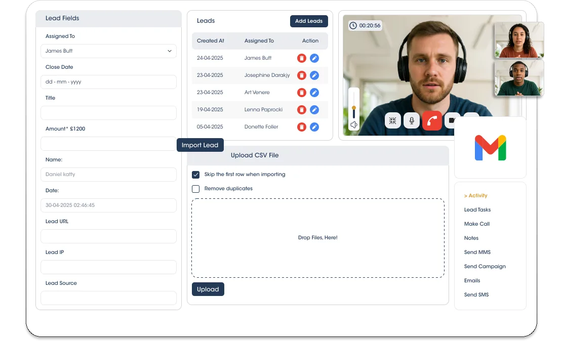Telagus CRM contacts: lead details, CSV lead import, video calling and activity options