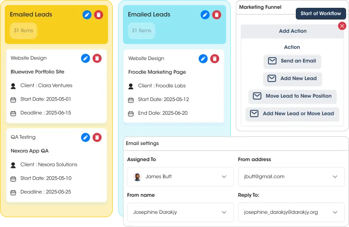 Telagus project boards and a marketing funnel workflow with email settings