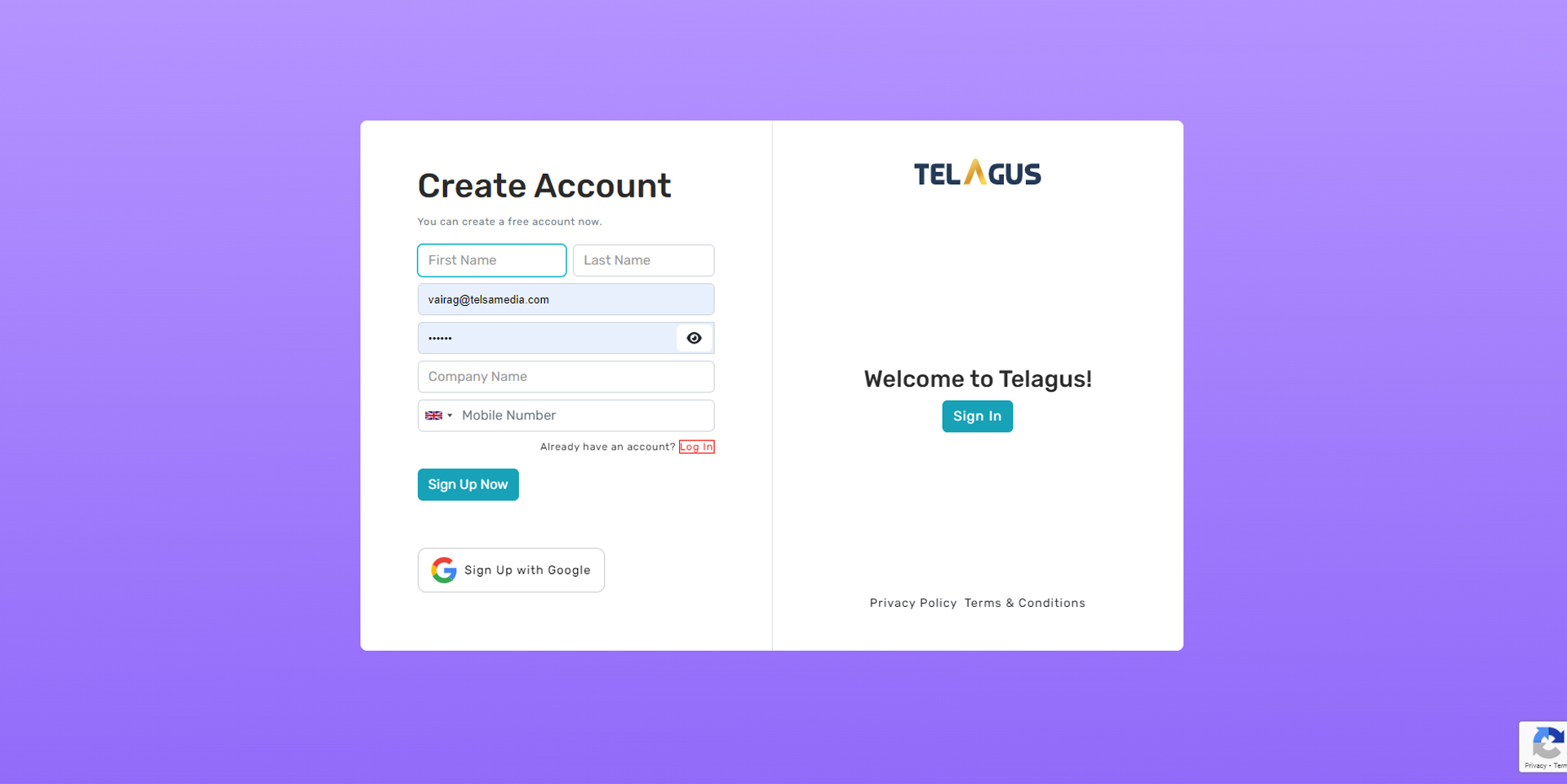 Telagus - create account page